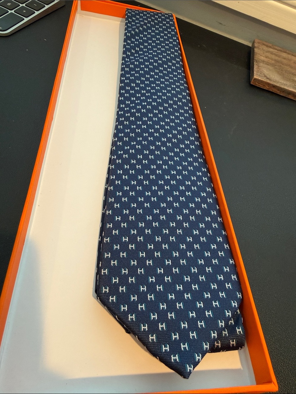 Hermes Navy and White Silk H-Pattern Tie